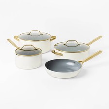 7pc Nonstick Ceramic Coated Aluminum Cookware Set with Champagne Handles Cream - Pot / Pan Sets price