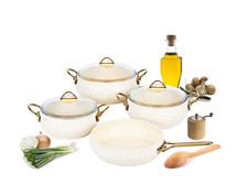 7 pc Nonstick Cookware Set, Non-Toxic Pots, Pans, Oven, Utensils - Gold Granite Pot / Pan Sets price