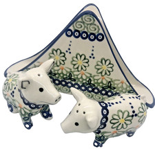 Polish Pottery Breakfast Set Salt & Pepper Pigs Napkin Holder REOS Mayzie Green Breakfast Set price