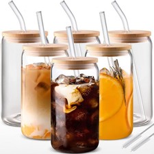 Glass Cups with Bamboo Lids & Straws 6 Pack, 16oz Iced Coffee Tumbler Set Cup / Glass / Coffee Set price