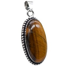Tiger Eye Natural Gemstone Antique Silver Plated Pendant 2" J 1099 Costume Necklace price
