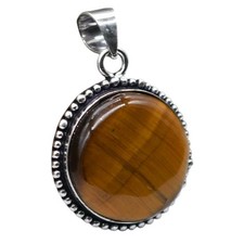 Tiger Eye Natural Gemstone Antique Silver Plated Pendant 1.5" J 1100 Costume Necklace price