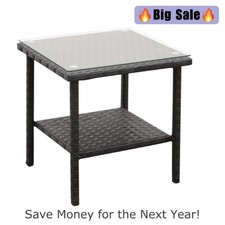 Outdoor PE Wicker Side Table, Square Patio Table with Glass Top Black Furniture Garden Side Table price
