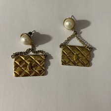 Pearl Gold Plated Earrings With A Hanging Chain Handle Bag Gold Earrings price