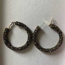 Sparkly Crystal Hoop Earrings Gold Tone Hematite Glitter Dust Statement 2.2" Gold Earrings price