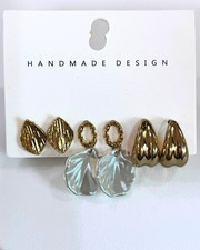 3 Pairs Gold Tone Earring Set Textured Stud Acrylic Petal Drop Teardrop Handmade Gold Earrings price