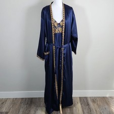 Robe and Nightgown Set Womens Large Blue Gold Embroidery Satin 2pc Boudoir Luxe Women's Nightgown and Robe price