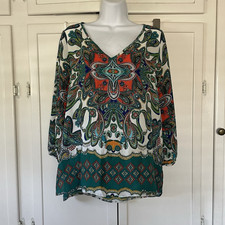 Renée C. Green Multi Paisley V-Neck 3/4 Sleeve Tunic Pullover Blouse L/XL Tunic price