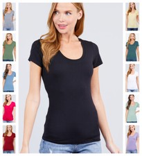 Women Basic SHORT SLEEVE SCOOP NECK T-Shirt Cotton Stretch Long Top  S-3X Women's T-shirt price