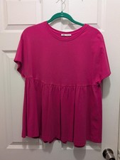 Zara fuschia pink babydoll oversized t-shirt with ruffled hem Size Small Modest Clothing price