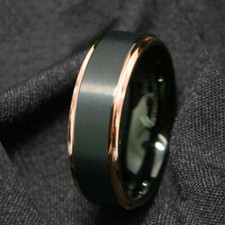 Tungsten Carbide Wedding Band Ring Rose Gold Step Edge w Brushed Black Center Gold Wedding Band price