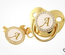 Letter Love Baby Pacifier Personalized Initial Gold Tone Crystals W/Clips U Pick Pacifier price
