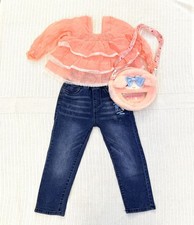 Girls Peach Chiffon Layered Top, Jeans & Character Purse Set Girls' Dress price