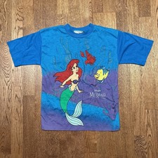 Vintage 80s 90s Little Mermaid Disney Blue Gold Glitter T Shirt Kids Medium Girls' T-shirt price