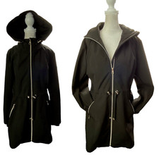 ELIZA J Women Hooded Full Zip Tie Waist Pockets Trench Coat Sz S Black Modern Women's Trench Coat price