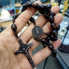 Saint St Benedict Wood Beads Rosary Prayer Crucifix Cross Jerusalem Deep Brown Prayer Beads price