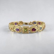 Colorful Vintage 14K Yellow Gold Multi Gemstone Textured Link Bracelet 6.25” Gold Bracelet price