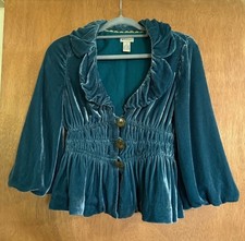 Anthropologie Elevenses Velvet Jacket 4 Teal Blue Smocked Ruffle Peplum Silk Women's Jacket price
