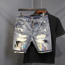Summer Ripped Denim Shorts Men's Frayed Patch Half Pants Slim Fit Jeans Shorts Men's Jeans / Denim Pants price