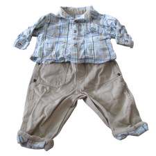 2 Pc Button Up Shirt Pants Outfit Infant Boys 3-6M Tan Plaid Long Sleeve Khaki Baby Pants price