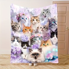 Purple Flowers Cat Cozy Flannel Blanket Home Office Sofa Bedding Throw Blankets Koltuk Şalı price