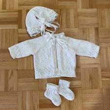 Vintage Handmade Knit Baby Set Cardigan Bonnet Booties White Pastel Confetti Bebek Yeleği price