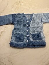 Handmade Crochet Baby Cardigan Blue Two Tone Fish Buttons Infant 0-3 Months Bebek Yeleği price