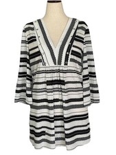 Black White Striped Tunic Dress/CoverUp Small Boho V-Neck 3/4 Sleeve Vacation Tesettür Tunik price
