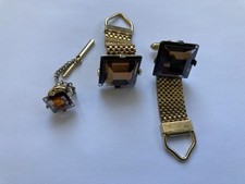 Vtg Mid Century Gold Tone Mesh Wrap Around Cufflinks Tie Tack Smoky Topaz Set Kol Düğmesi price