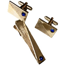 VINTAGE MENS CUFF LINKS AND TIE CLIP SET GOLD TONE BLUE COLOR STONE Kol Düğmesi price