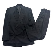 vtg 90s Black Stripe 40R 41R 35x30 Double Breasted 2pc Pant Suit Wool Pleated Men's Suit price