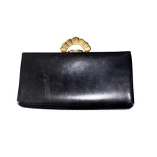 Vintage Black Leather Clutch Bag Gold Fan Clasp Evening Bag Purse Art Deco Style Clutch Bag price