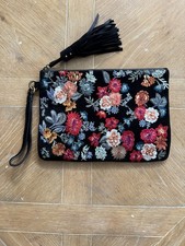 Floral Embroidered Wristlet Clutch Bag Black Zip Pouch Tassel 10" x 7" Boho Clutch Bag price