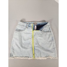 Justice Girls Light Wash Denim Skirt Neon Yellow Front Zip Frayed Hem Size 14 Girls' Skirt price