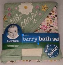Baby Girl Princess Bath Set Hooded Towel & 3 Washcloths NIP Gerber Green Floral Baby Towel price