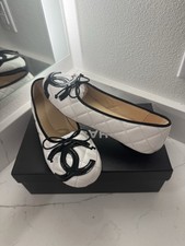 CHANEL Cambon White Quilted Leather  Ballet Flats Bow & Black Logo 37 EU 7/ 7.5 Ballet Flats price