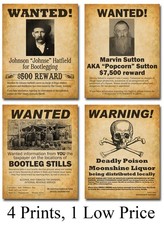 Bootleggers Wanted Posters 8x10 Prints Set of 4 –Moonshine Prohibition Bar Decor Living Room & Lounge Set price