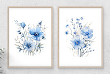 Floral Wall Art Prints, Set of 2 Blue Floral Wall Art Decor Prints, Home Decor Living Room & Lounge Set price