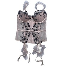 Victoria’s Secret Bustier Sexy Pink Black Ruffles Floral Lace Garter Straps 36D Bustier price