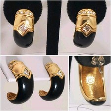 VTG SWAROVSKI Large EARRINGS Black Enamel Rhinestone Gold-plated Swan Signed Swarovski Ring price