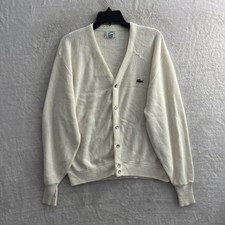 Izod Lacost Mens Cardigan Sweater Solid White XL Acrylic Vintage V Neck Logo USA Men's Cardigans price