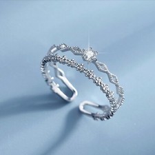 925 Silver Double Layer Flower Zircon Adjustable Ring Women Party Jewelry Gift Silver Ring price