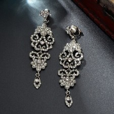 Luxurious Rhinestone Decor Silvery Flower Chandelier Non Piercing Clip Earrings Costume Earrings price