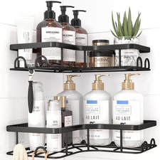 Corner Shower Caddy Organizers Rustproof Shelves With 8 Hooks Black 2 Pack Bathroom Shelf price