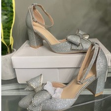 Silver Glitter Block Heel Pumps Rhinestone Bow Ankle Strap Evening Shoes Size Evening Shoes price