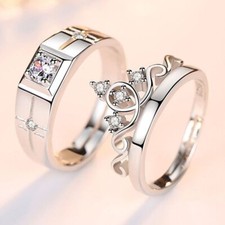 2pcs/set 925 Silver Square Crown Zircon Promise Ring Couple Adjustable Jewelry Silver Wedding Band price