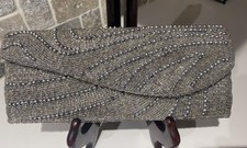Bijoux Terner Silver Gray Beaded Evening Clutch Purse Bridal Formal Chain Bag Evening Bag price