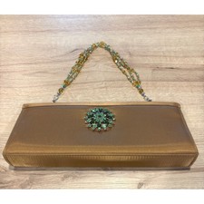 Bronze Satin Evening Clutch Bag Green Rhinestone Brooch Beaded Handle Crossbody Evening Bag price