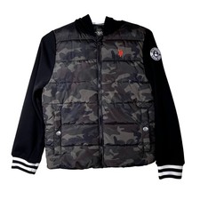 US Polo Assn Boys Camo Hybrid Puffer Jacket Hoodie Black Green L 10/12 Boys' Jacket price