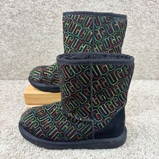 UGG Classic Boots Unisex Kids 3 Rainbow Logo Black Suede Shearling Cozy Lined Unisex Children's Boots price